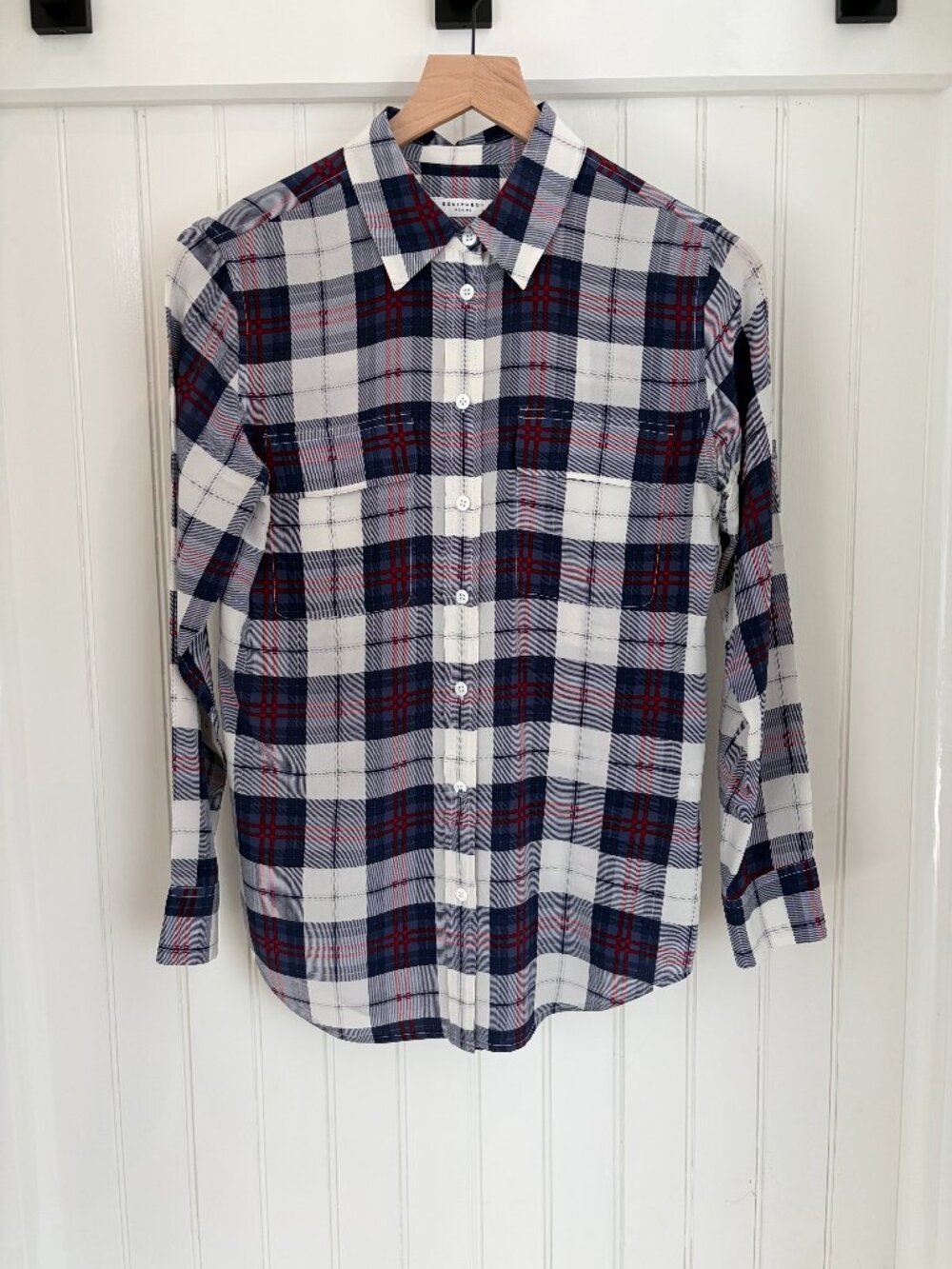 Equipment Femme Slim Signature Silk Plaid Blouse Navy Red White XS